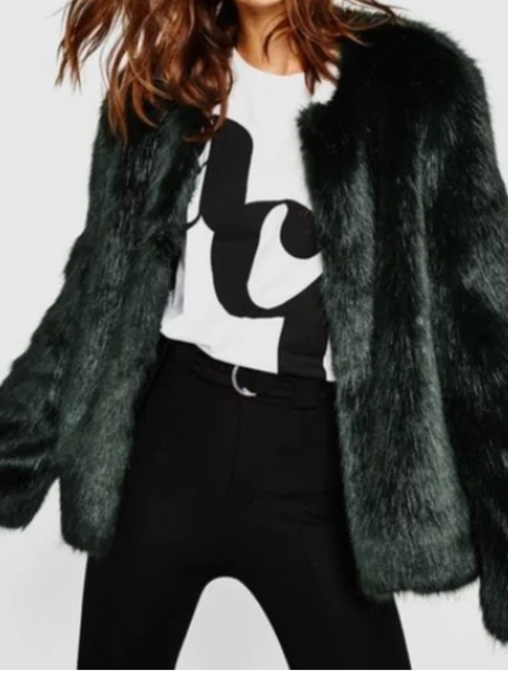 Bershka faux fur evening jacket Forrest green medium fringe whimsigoth like new